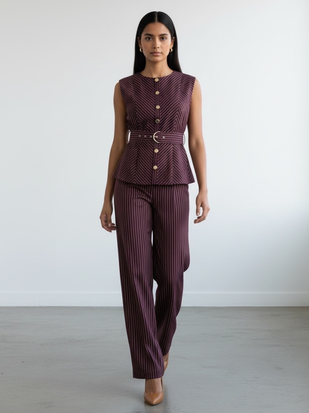 NWT Women's Plum Pinstripe Belted Pantsuit